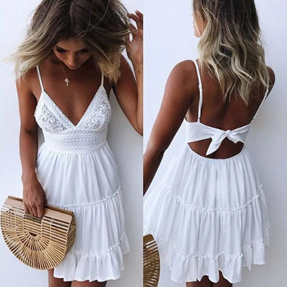 Stylish Summer Delight: Backless White Bowknot Mini Dress - SHACNI