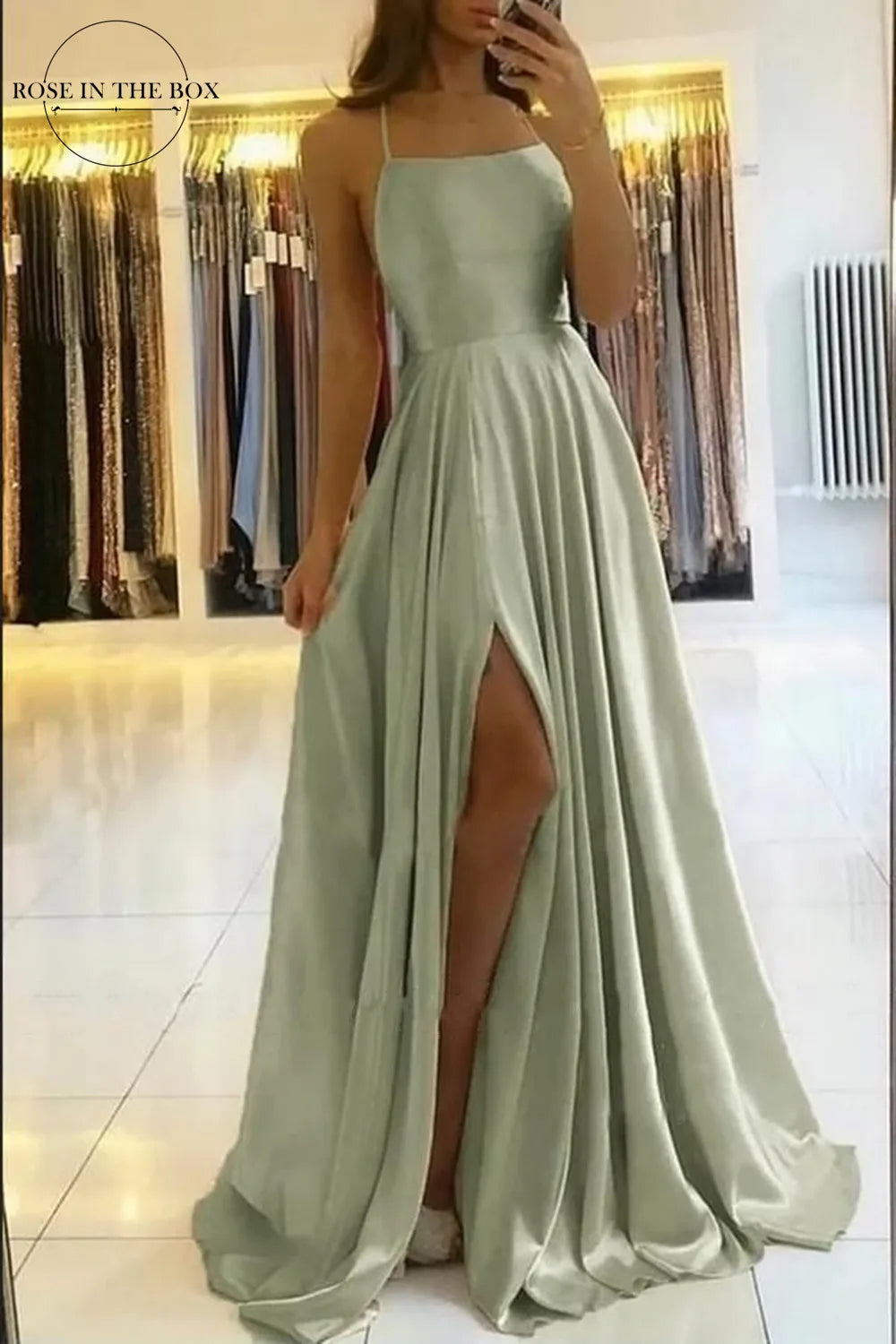 2024 Sexy Backless Satin Evening Gown | Elegant Navy Blue Prom Dress with Slit | Long Spaghetti Strap Formal Party Dress - SHACNI