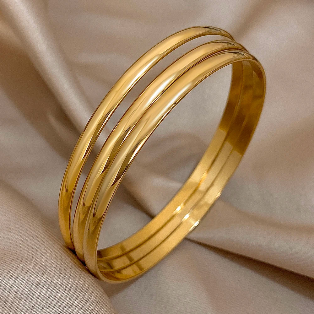 3pcs Glossy 18K Gold Plated Stainless Steel Bangle Bracelet Set