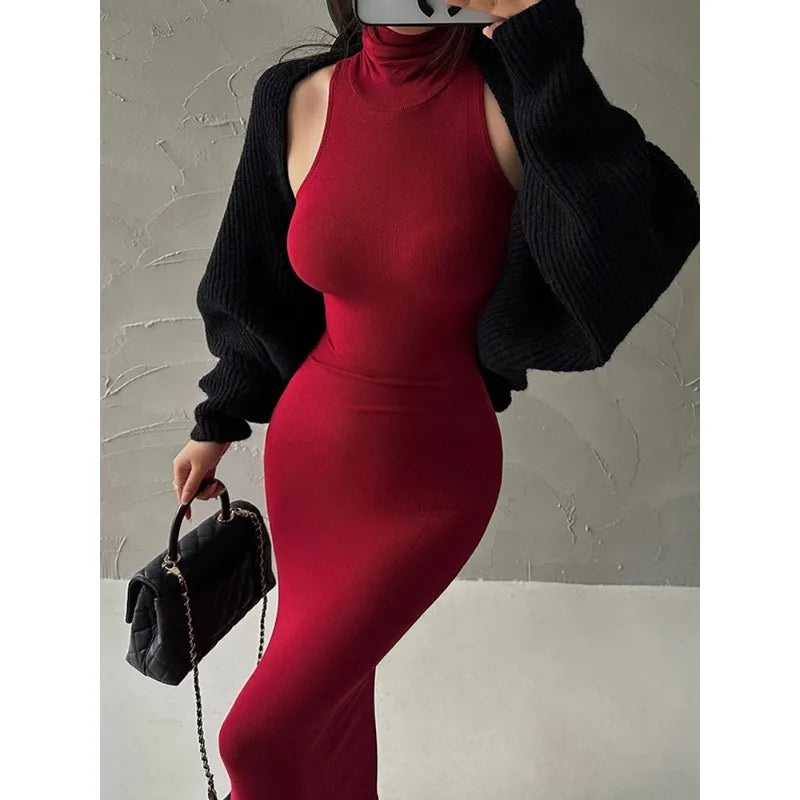 Red Turtleneck Midi Dress - Elegant Body-con Dress - SHACNI