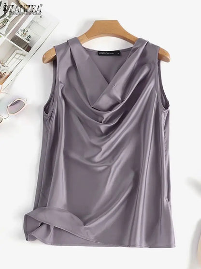 ZANZEA Elegant Satin Silk Tank Top | Korean-Style Cowl Neck Camisole | Versatile Office to Evening Wear - SHACNI