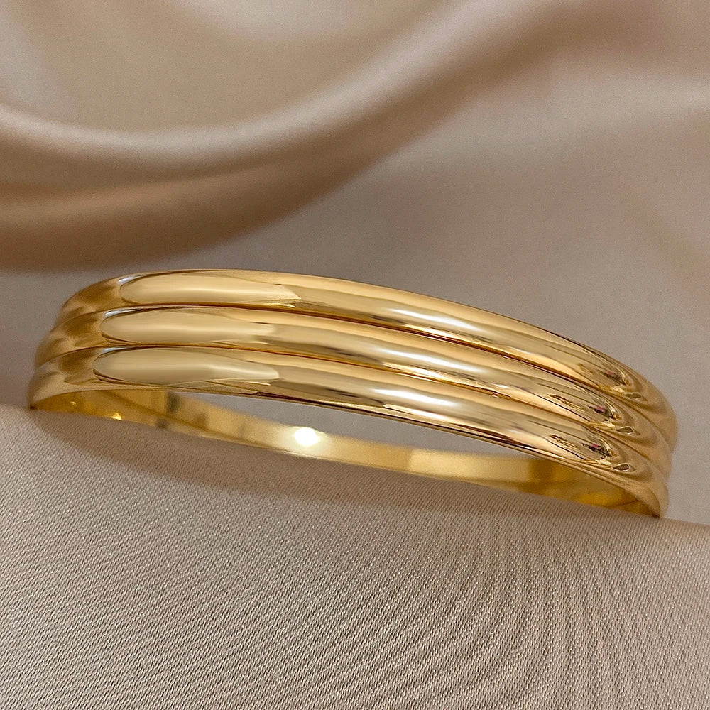 3pcs Glossy 18K Gold Plated Stainless Steel Bangle Bracelet Set