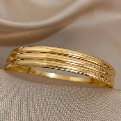 3pcs Glossy 18K Gold Plated Stainless Steel Bangle Bracelet Set