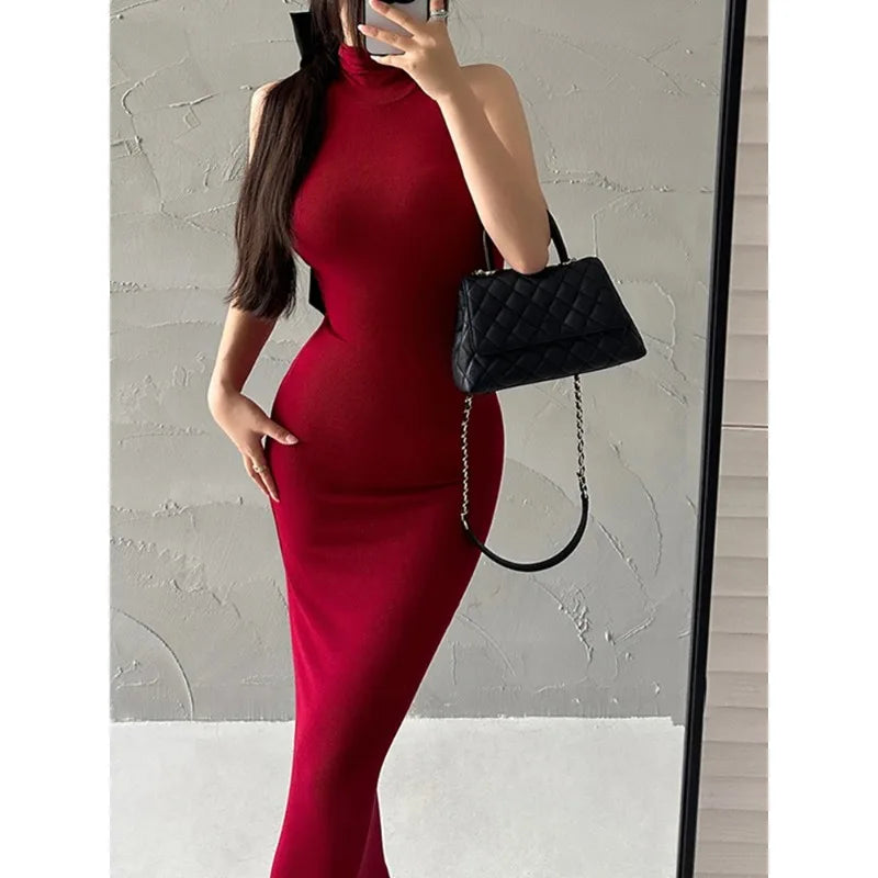 Red Turtleneck Midi Dress - Elegant Body-con Dress - SHACNI