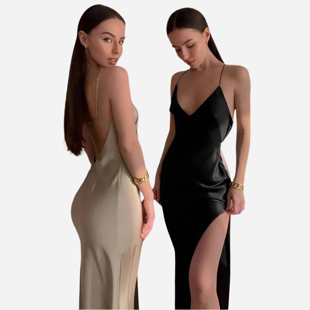 Summer Sexy Vestito Women Satin Silky Spaghetti Strap Split Long Dress - Elegant Sleeveless Backless Club Party Beach - SHACNI