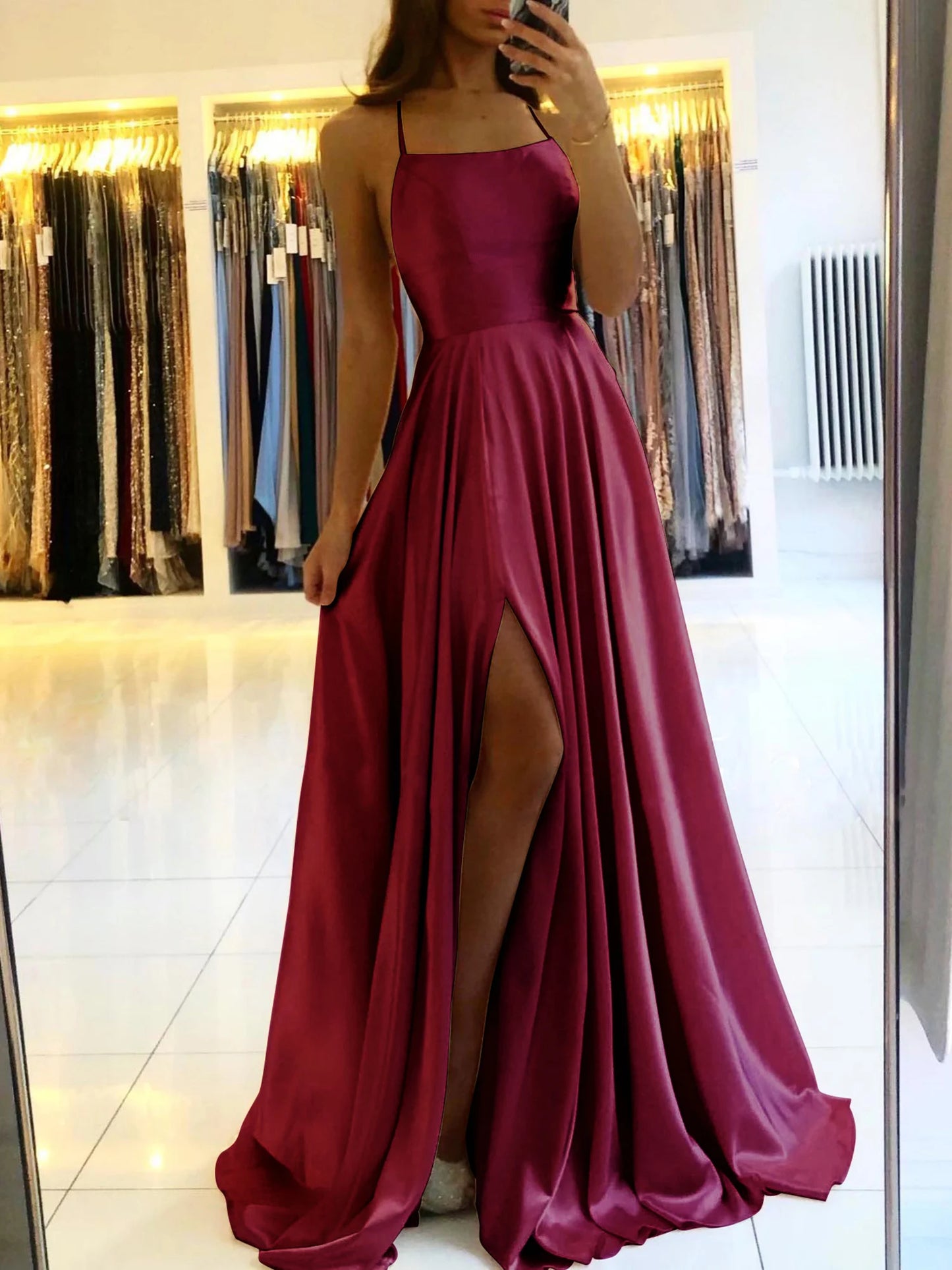 2024 Sexy Backless Satin Evening Gown | Elegant Navy Blue Prom Dress with Slit | Long Spaghetti Strap Formal Party Dress - SHACNI