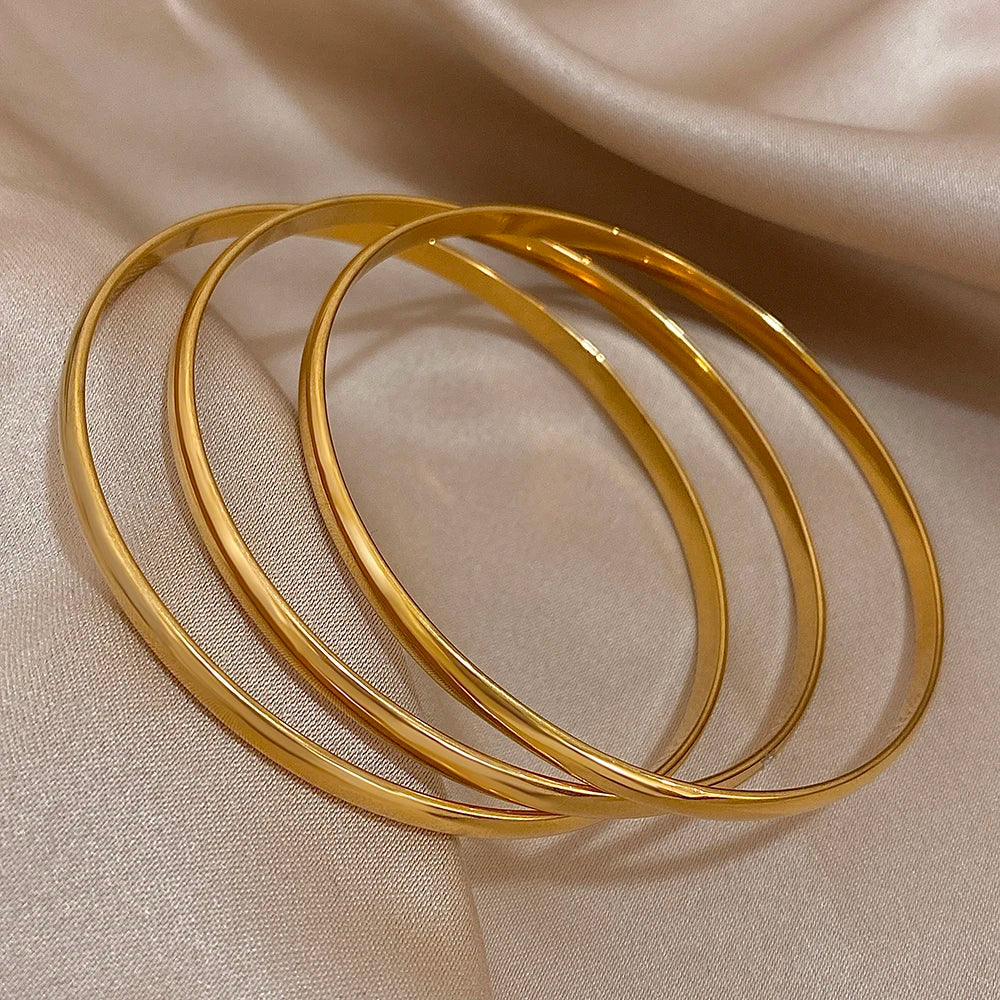 3pcs Glossy 18K Gold Plated Stainless Steel Bangle Bracelet Set