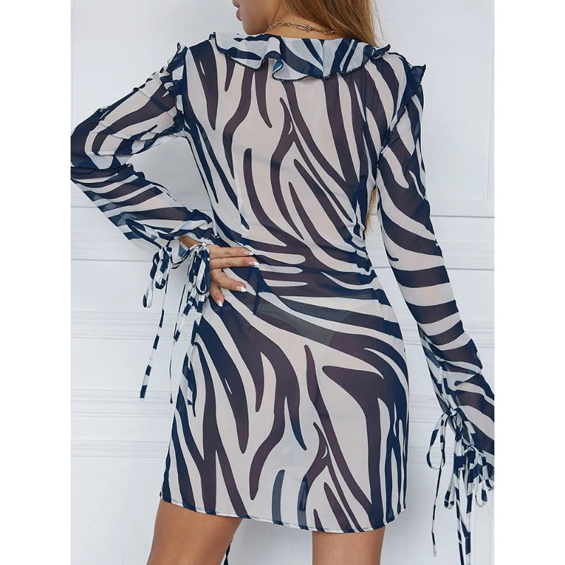 Print Long Sleeve Mini Summer Beach Dress - Ruffles Mesh Sexy Party Dresses, Bodycon Bandage See Through 90s Club - SHACNI