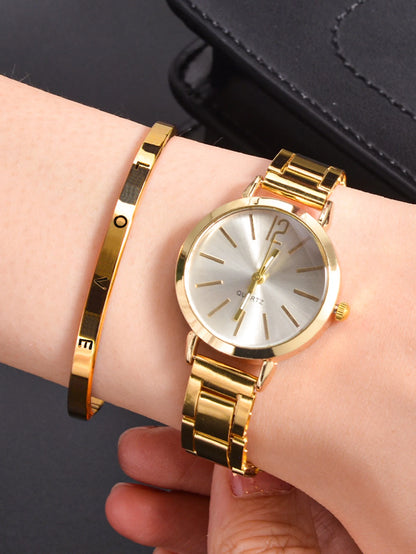 2pcs Women's Silver Steel Band Quartz Watch + LOVE Bracelet Set