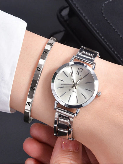 2pcs Women's Silver Steel Band Quartz Watch + LOVE Bracelet Set