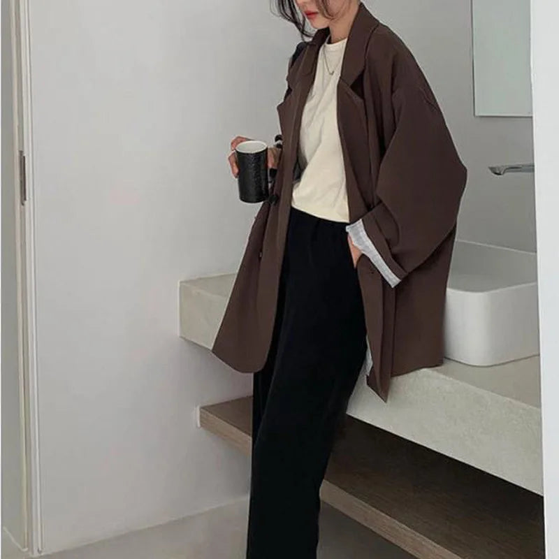 Vintage Brown Blazer Women Elegant Official Ladies Autumn Fashion Long Sleeve Oversized Chic Casual Jacket All-match - SHACNI