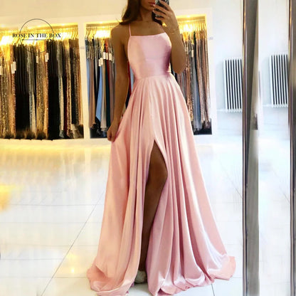 2024 Sexy Backless Satin Evening Gown | Elegant Navy Blue Prom Dress with Slit | Long Spaghetti Strap Formal Party Dress - SHACNI