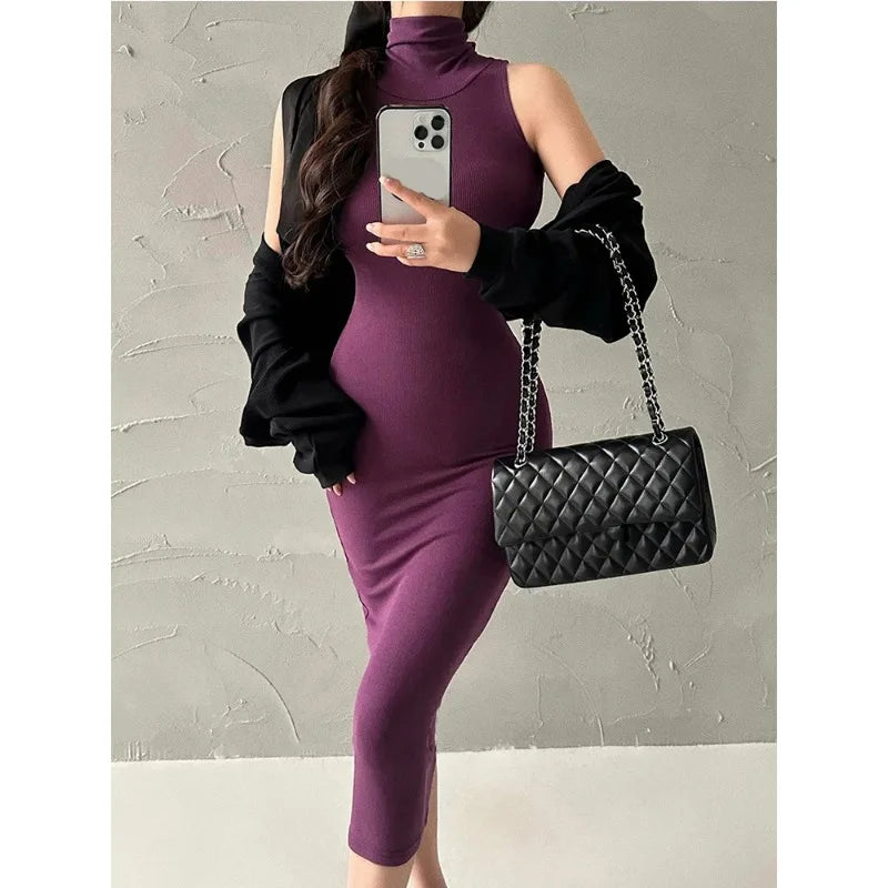 Red Turtleneck Midi Dress - Elegant Body-con Dress - SHACNI