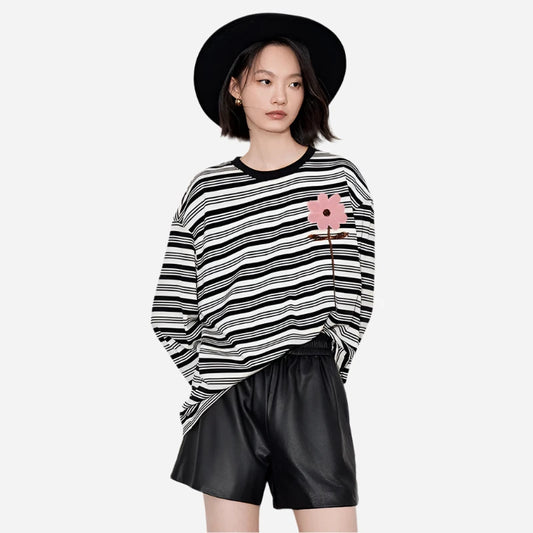 Women's Striped Flower Embroidery Sweatshirt