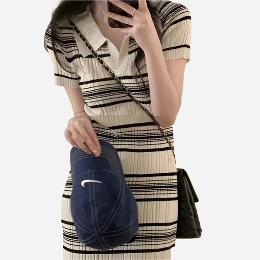 Women's Knitted Striped POLO Collar Dress