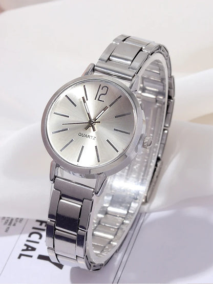 2pcs Women's Silver Steel Band Quartz Watch + LOVE Bracelet Set