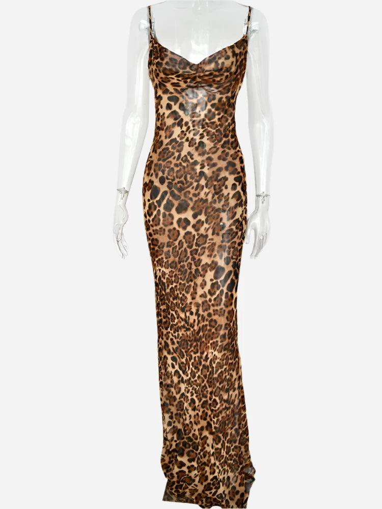 Julissa Mo Leopard Print V-Neck Sexy Bodycon Long Dress - Women's Lace Up Backless Summer Dress, Straps Party Beach Vestidos - SHACNI