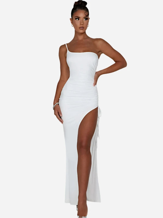 Articat Drawstring High Slit Dress - Women's Sexy One Shoulder Maxi Bodycon Party Dress - SHACNI