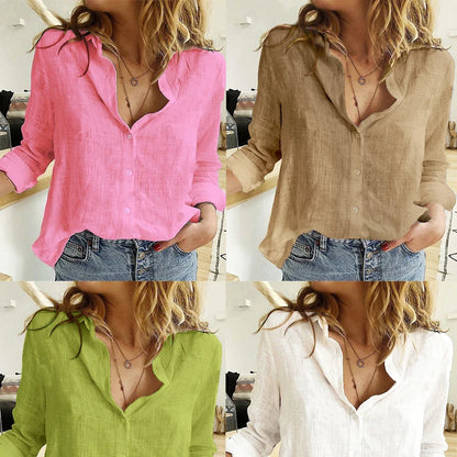 Sun Protection Style: Cotton Linen V-Neck Blouse for Women - SHACNI